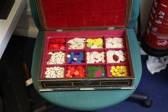 An 18th century Indo-Portuguese ivory, ebony and tortoiseshell games box, width 15.25in.